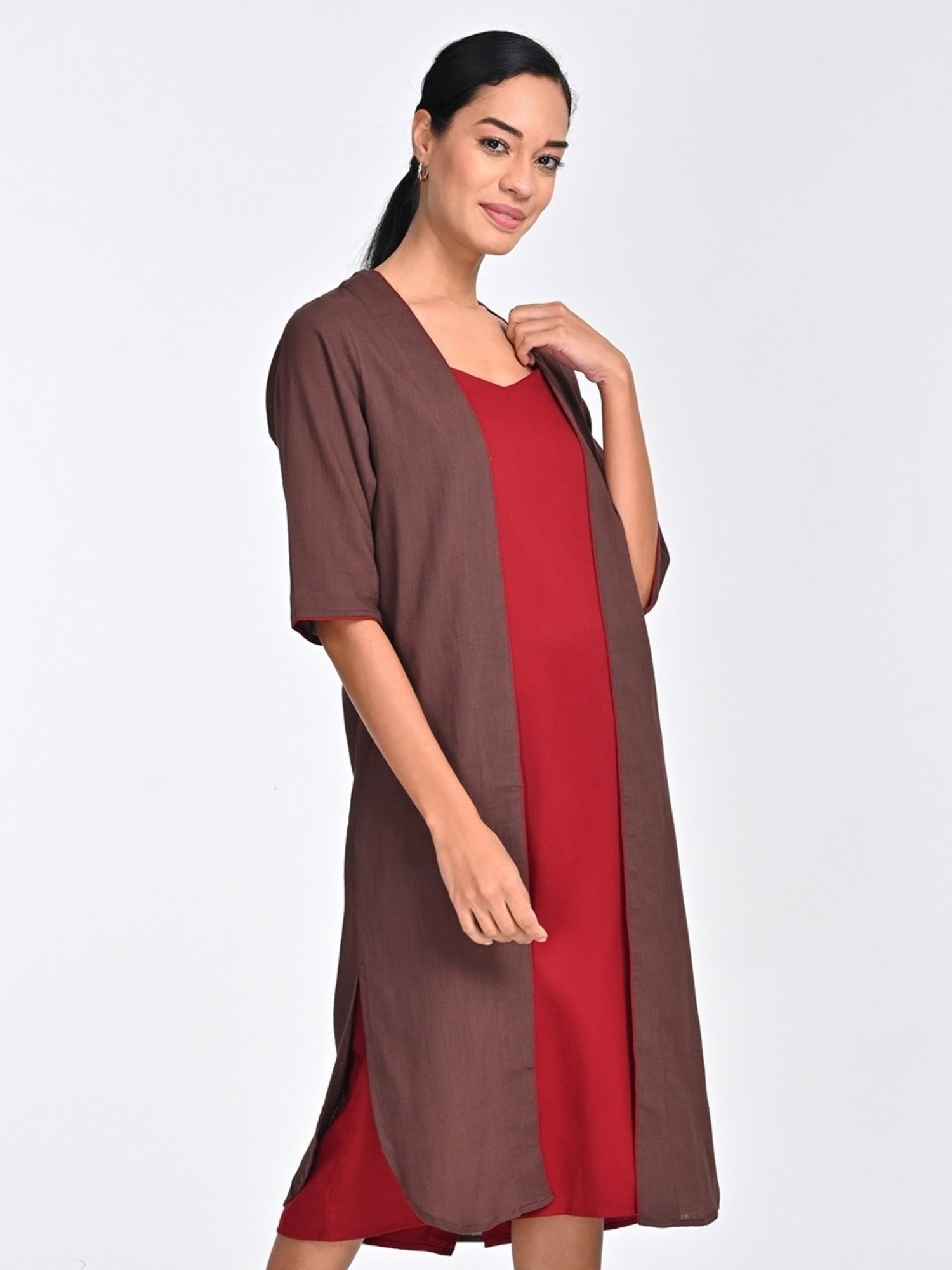 Saltpetre Women Coffee Brown with Maroon Piping Open Front Long Overlay