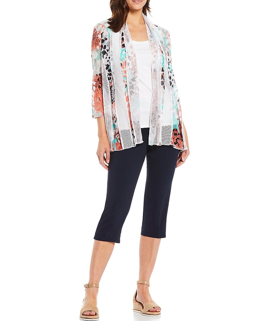 Multiples Petite Size Multicolor Abstract Dot Print Onionskin Shawl Collar Solid Mesh Open-Front Jacket