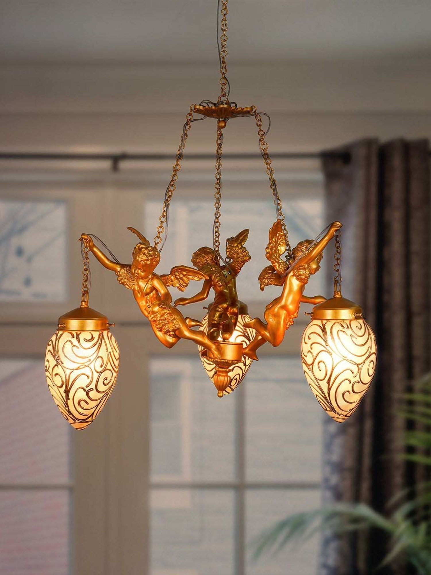 FOS LIGHTING Golden & White Aluminium 3-In-1 Oval Chandelier With Glass Shade