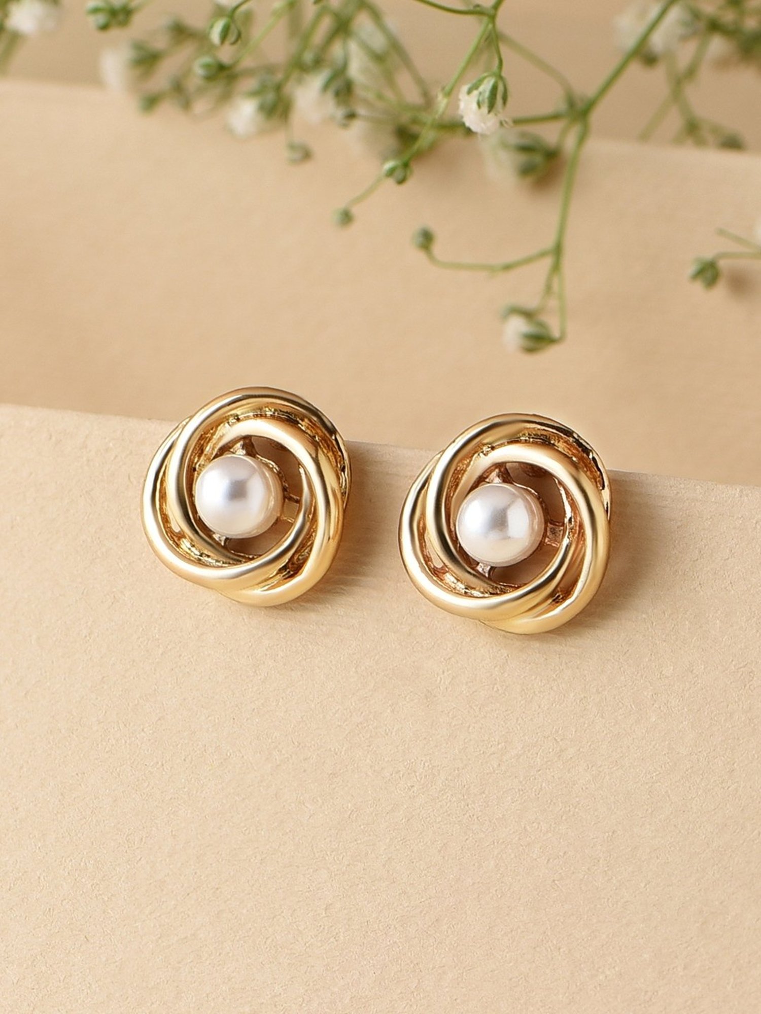 ToniQ Floral Pearl White Stud Earrings for Women
