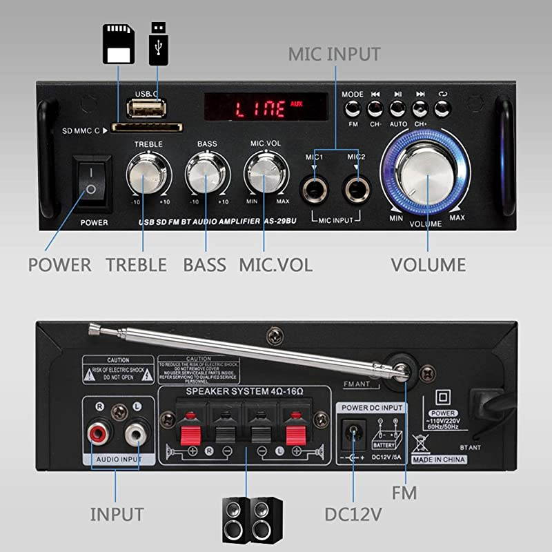 Karaoke Wireless Bluetooth Stereo Amplifier System 180W Dual Channel Sound Power Audio Receiver wUSB SD Card FM Radio 2 Mics in for Home Theater Speakers with Remote ControlAS29BU
