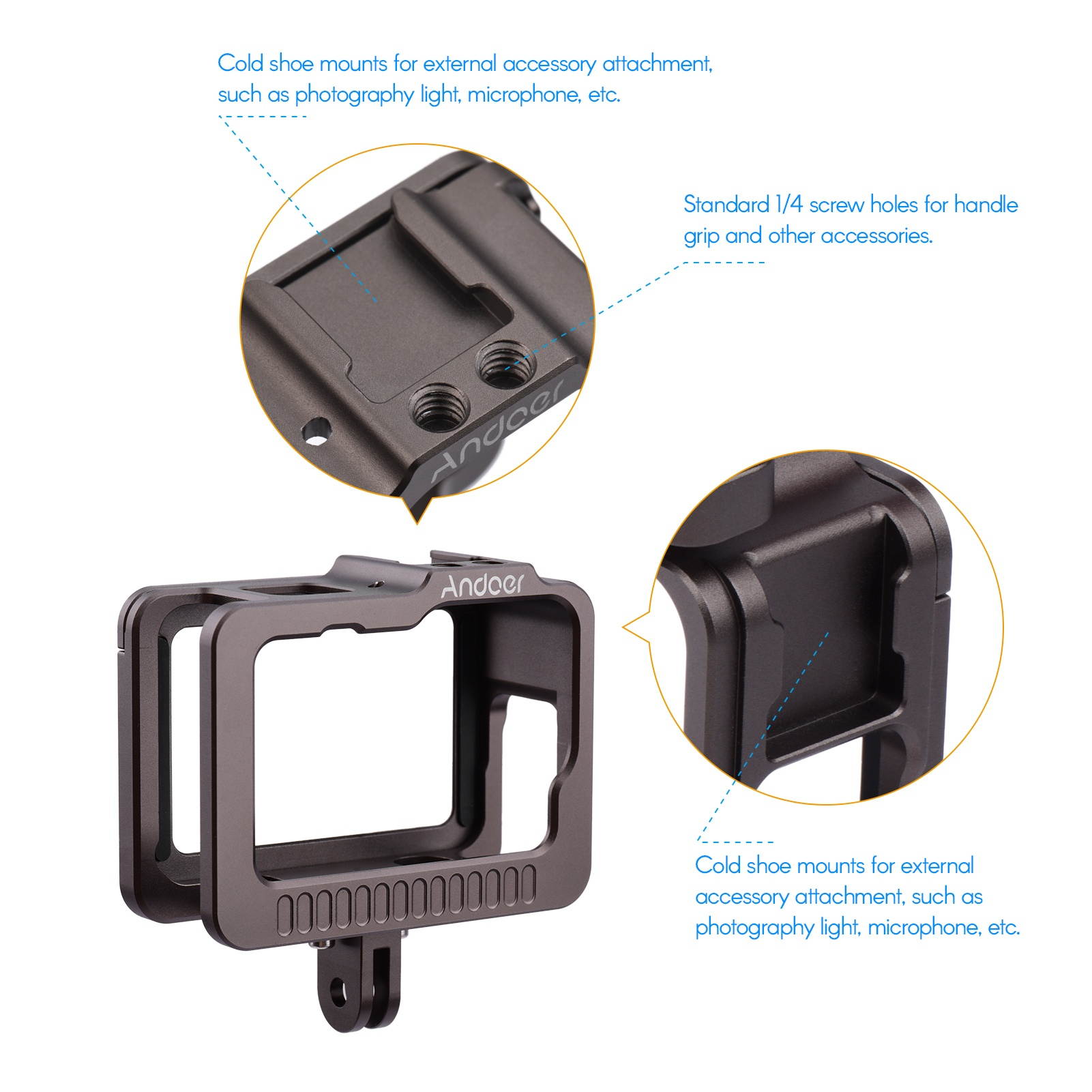 Andoer Camera Cage Camera Housing Case with Removable Back Door Double Cold Shoes Replacement for GoPro 9 Black Action Camera