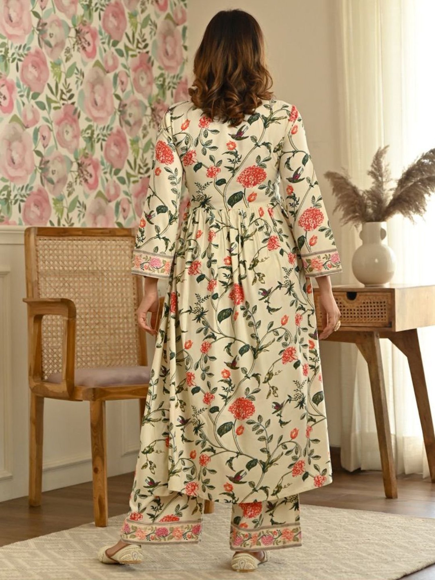 Rustorange Cream Printed Kurta Palazzo Set