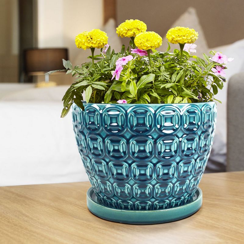 Southern Patio 12 Inch Ceramic Clay Mayer Flower Planter & Saucer Tray, Seafoam