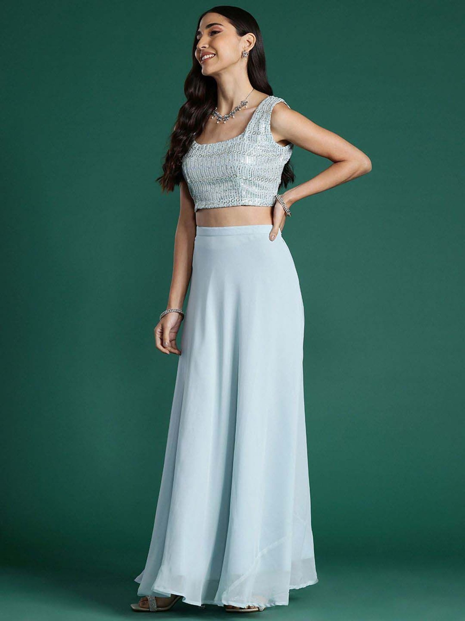 Indo Era Blue Plain Lehenga Choli Set With Dupatta & Belt