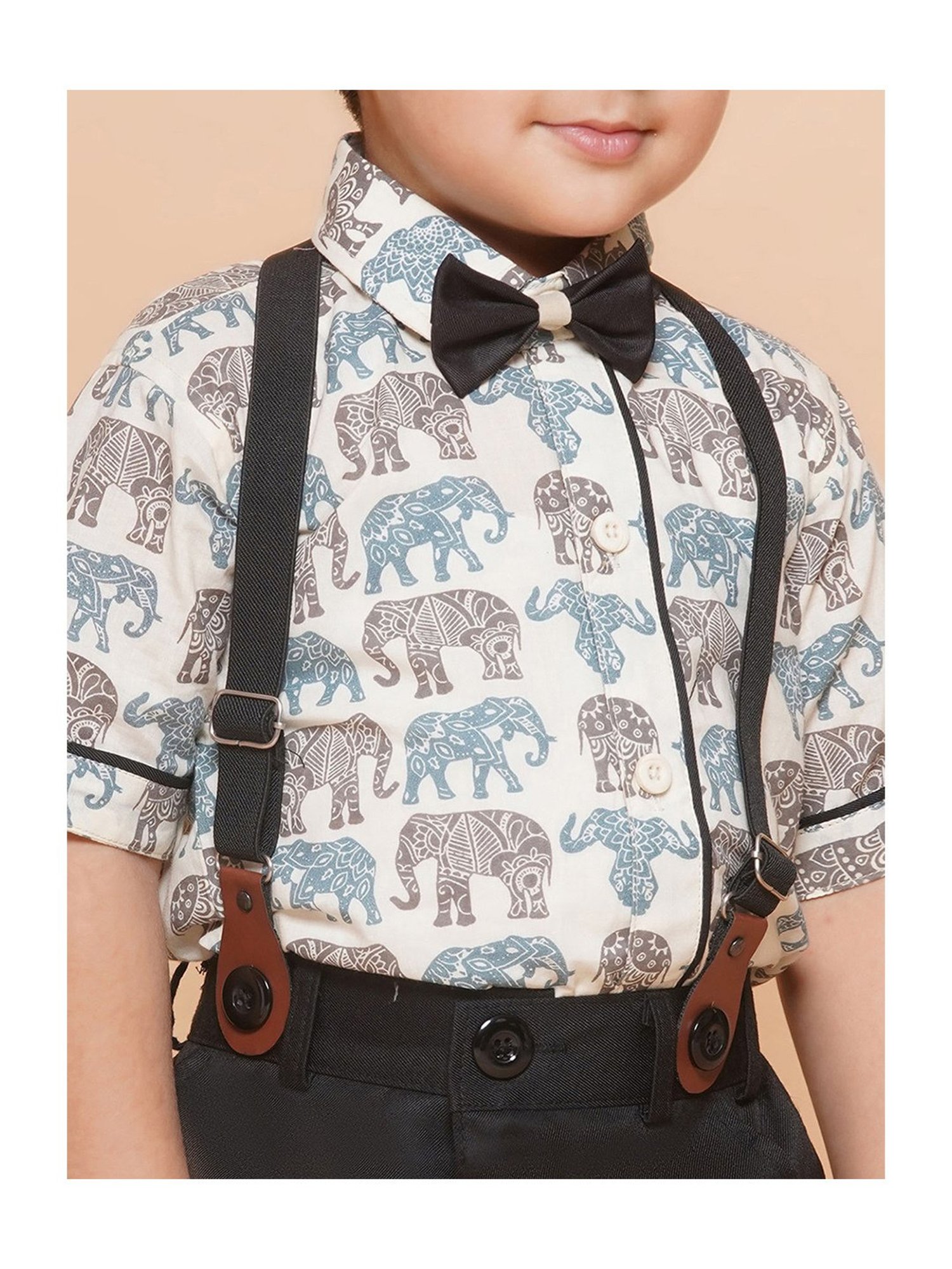 AJ Dezines Kids Black & White Printed Shirt, Shorts, Suspender, Bow with Cap
