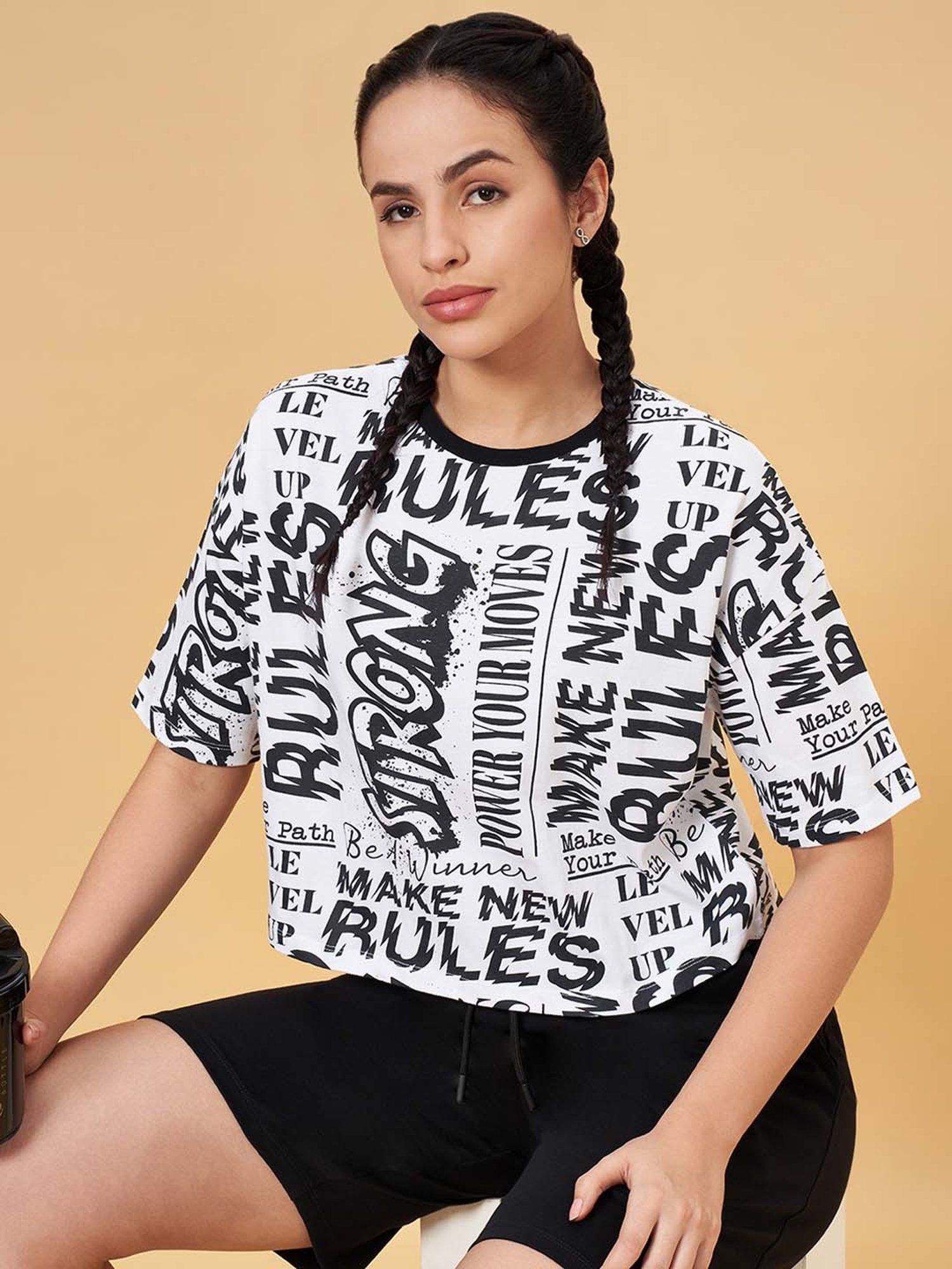 Ajile by Pantaloons White & Black Cotton Printed Sports T-Shirt