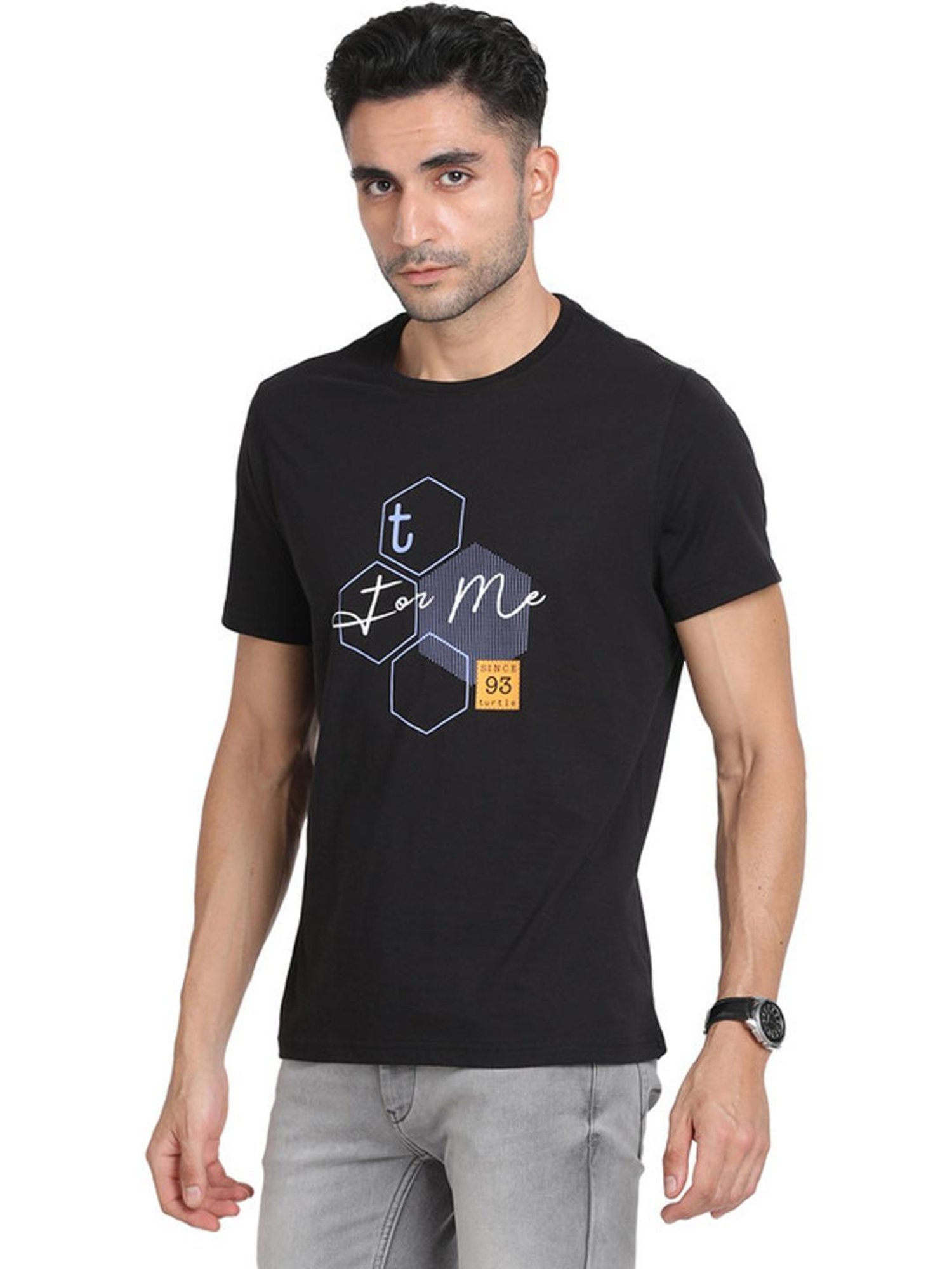 Turtle Black Slim Fit Printed T-Shirts