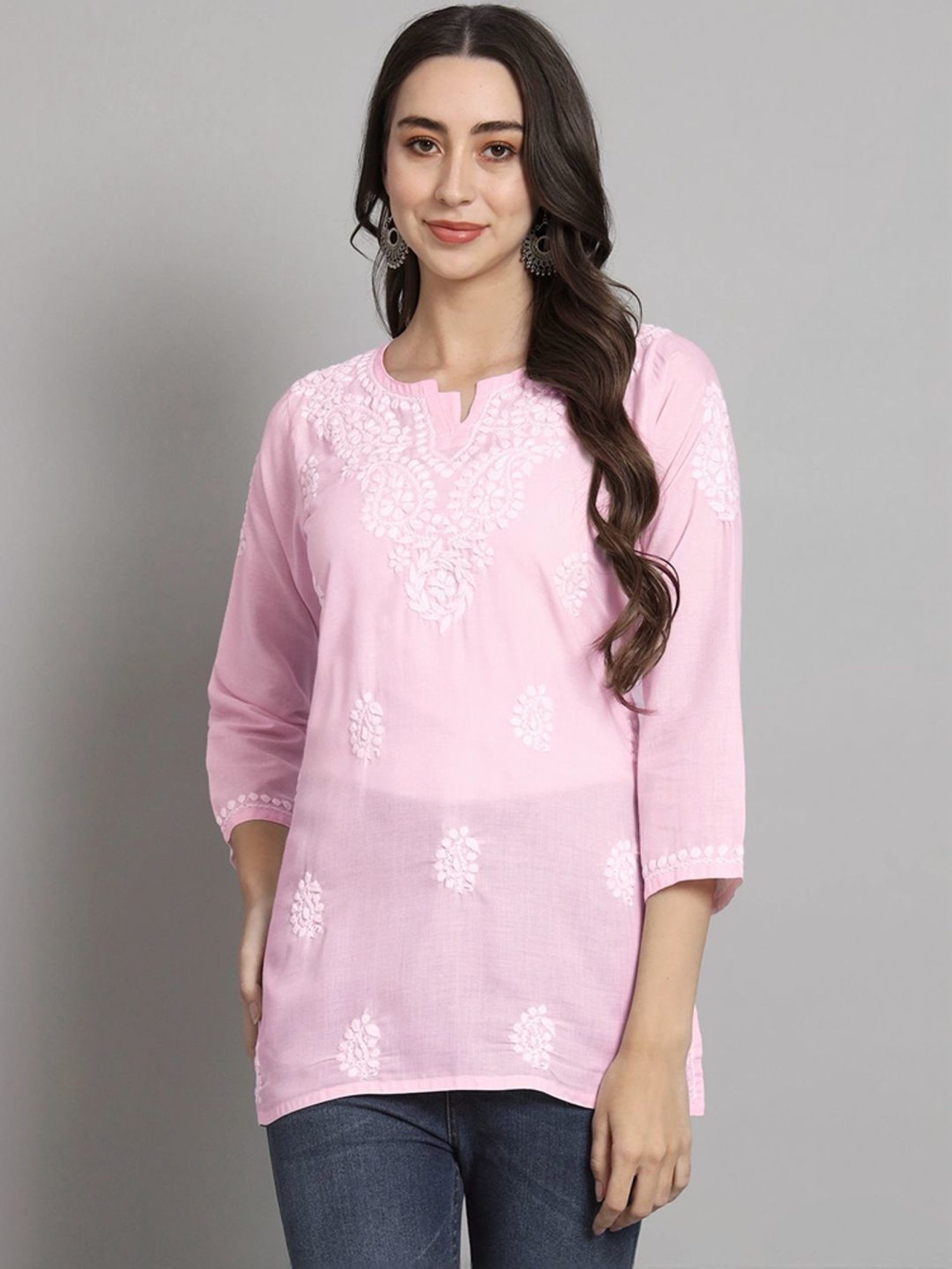 PARAMOUNT CHIKAN Pink Cotton Hand Embroidered Chikankari Straight Kurti