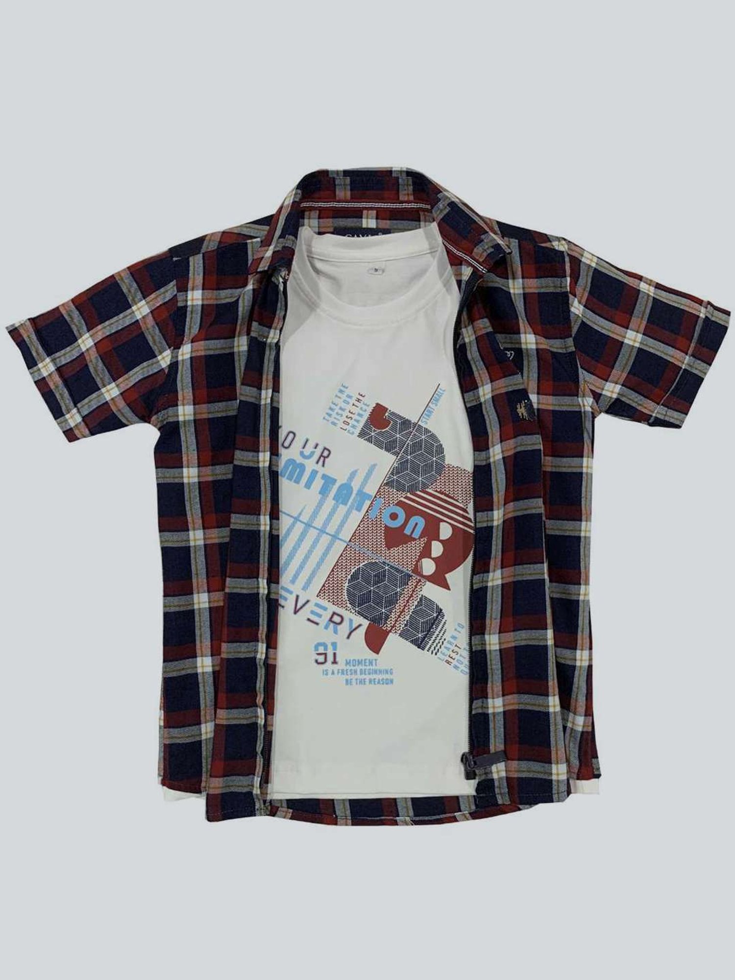 Cavio Kids Blue & White Cotton Chequered Shirt Set