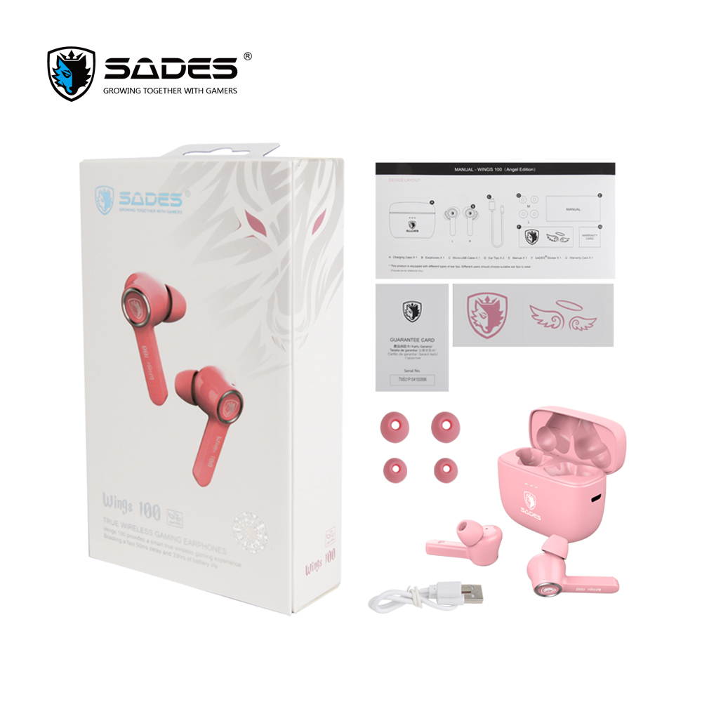 SADES Wings 100 True Wireless Pink Gaming Earbuds With Clear Microphone Low Latency Gaming Bass Audio Blutooth Earbuds With Charging Box For Gamers