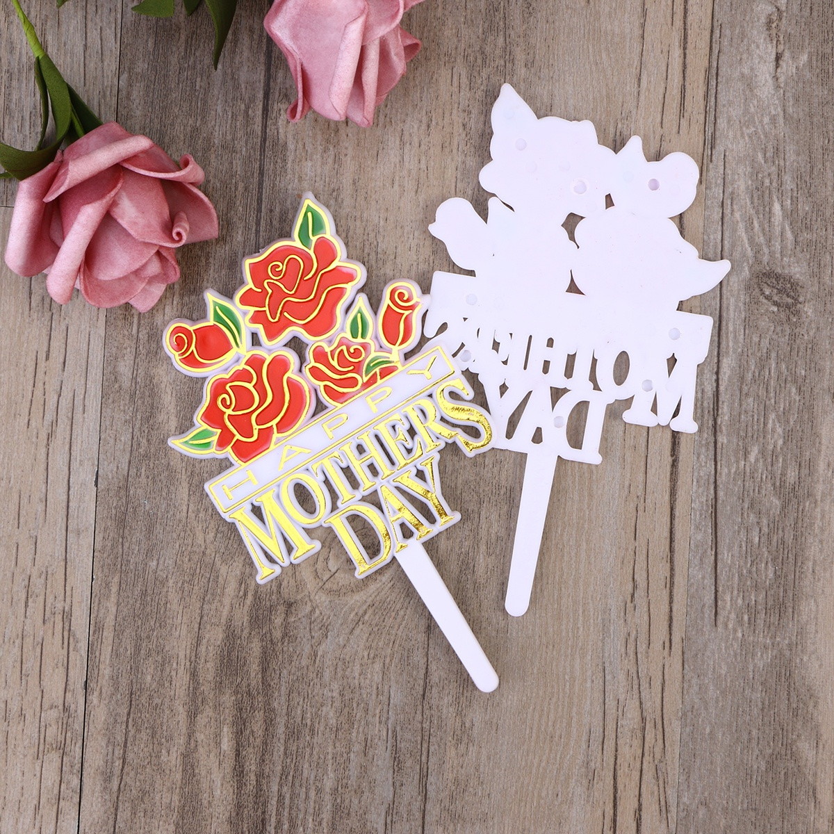 20pcs Rose Cake Toppers Mothers Day Cake Picks DIY Cake Decoration Mothers Day Party Dessert Insert Favor (Pink + Red)