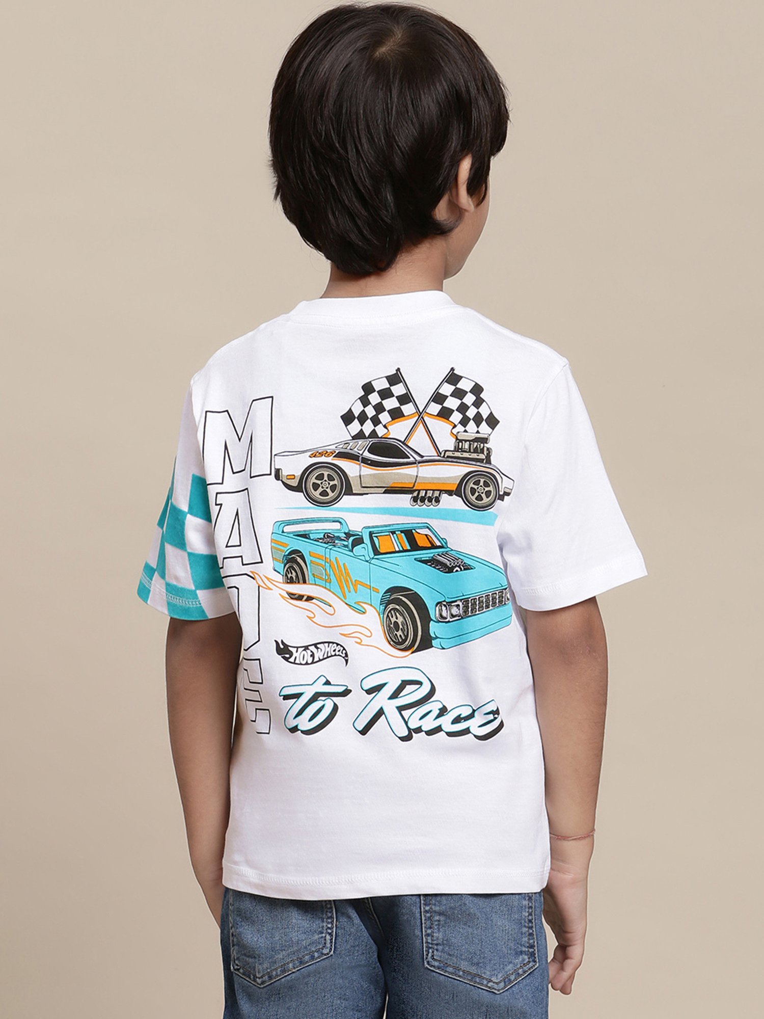 Kidsville Hot Wheels Printed White T-Shirt For Boys