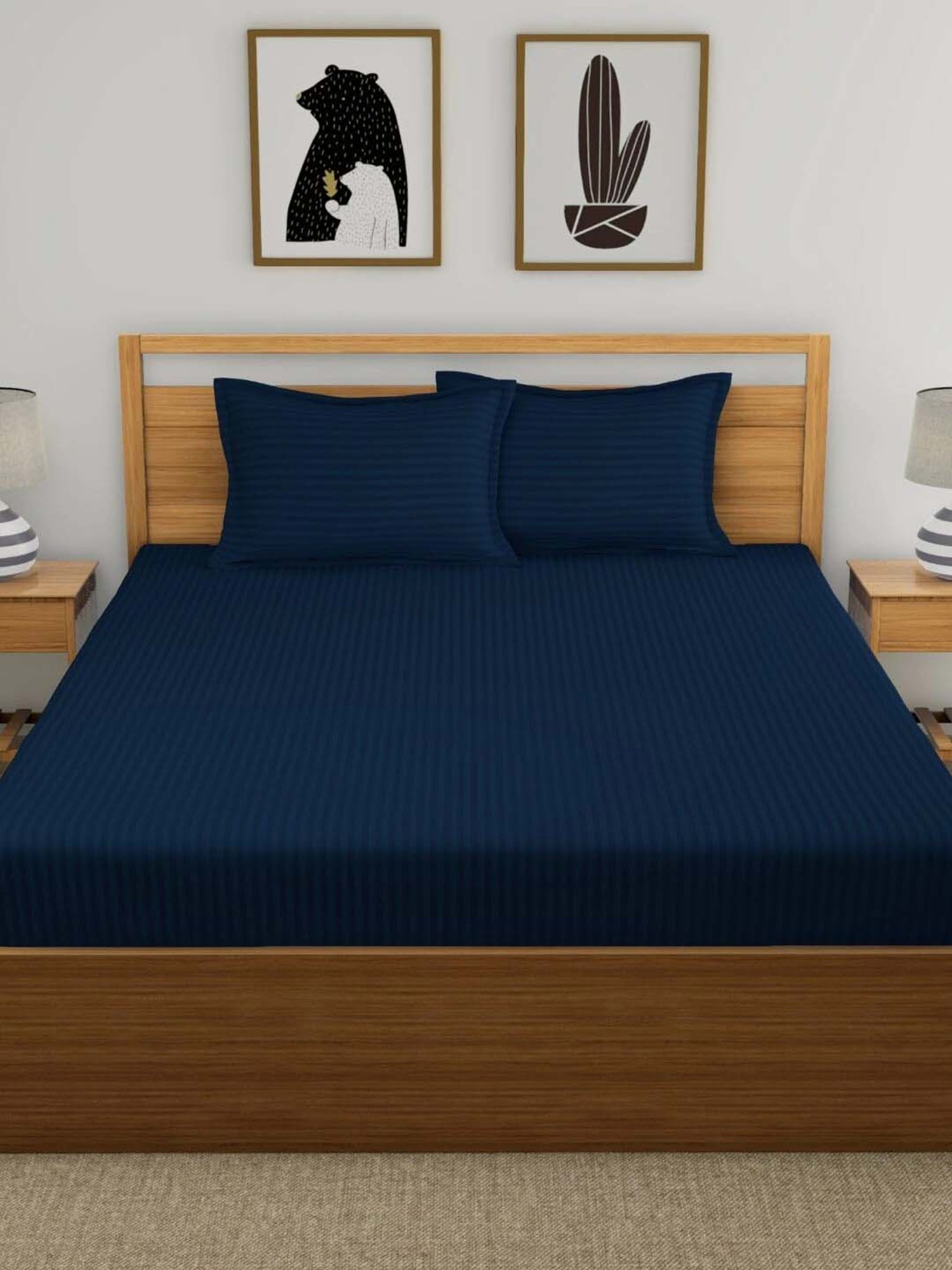 My Room Navy 100% Cotton 300 TC King Bedsheet with 2 Pillow Covers