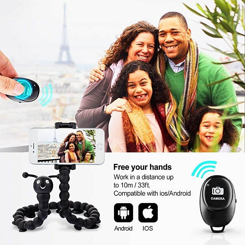 Phone Tripod, Suction Cup Monopod Tripod Stand with Bluetooth Remote, Portable Mini Tripod Compatible with iPhone/Android Samsung, Sport Camera, Phone Stand Holder -Black