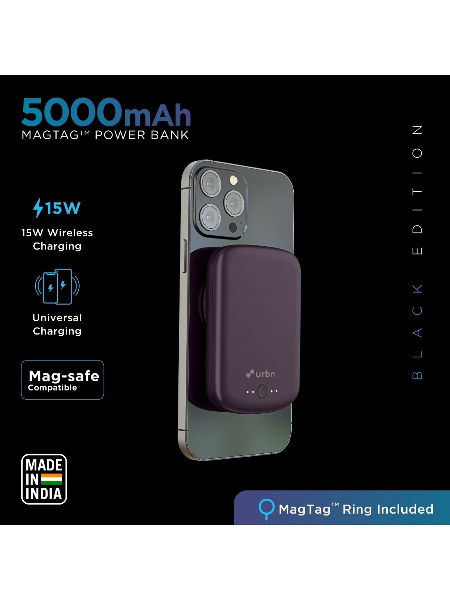 URBN 5000 mAh 15W Compact Magsafe Power Bank w MagTag Ring(Purple)