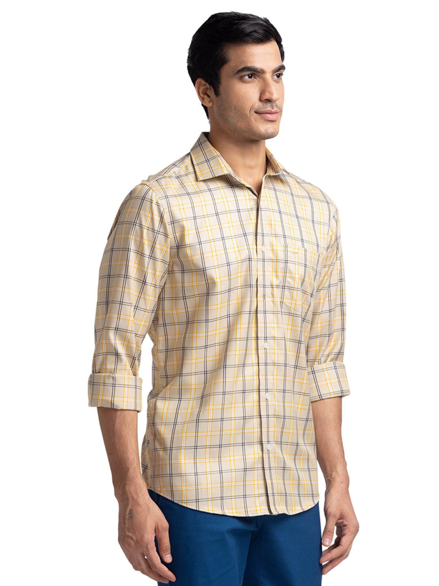 ColorPlus Beige Cotton Tailored Fit Checks Shirt