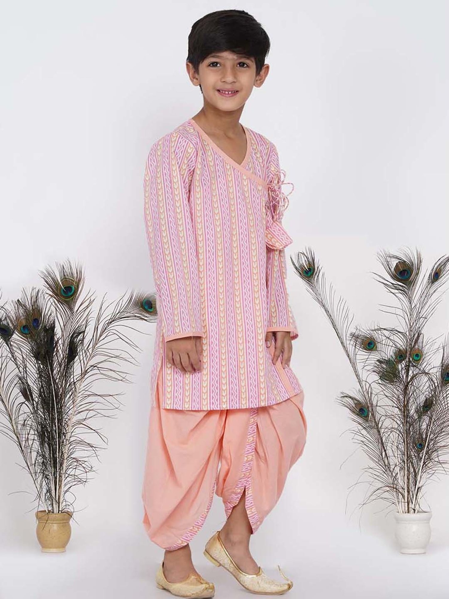 Little Bansi Kids Pink & Orange Cotton Printed Kurta Set