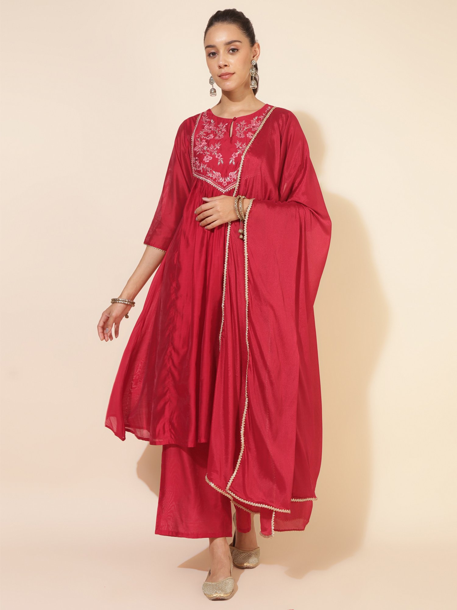 Janasya Red Chanderi Embellished Kurta With Palazzo & Dupatta