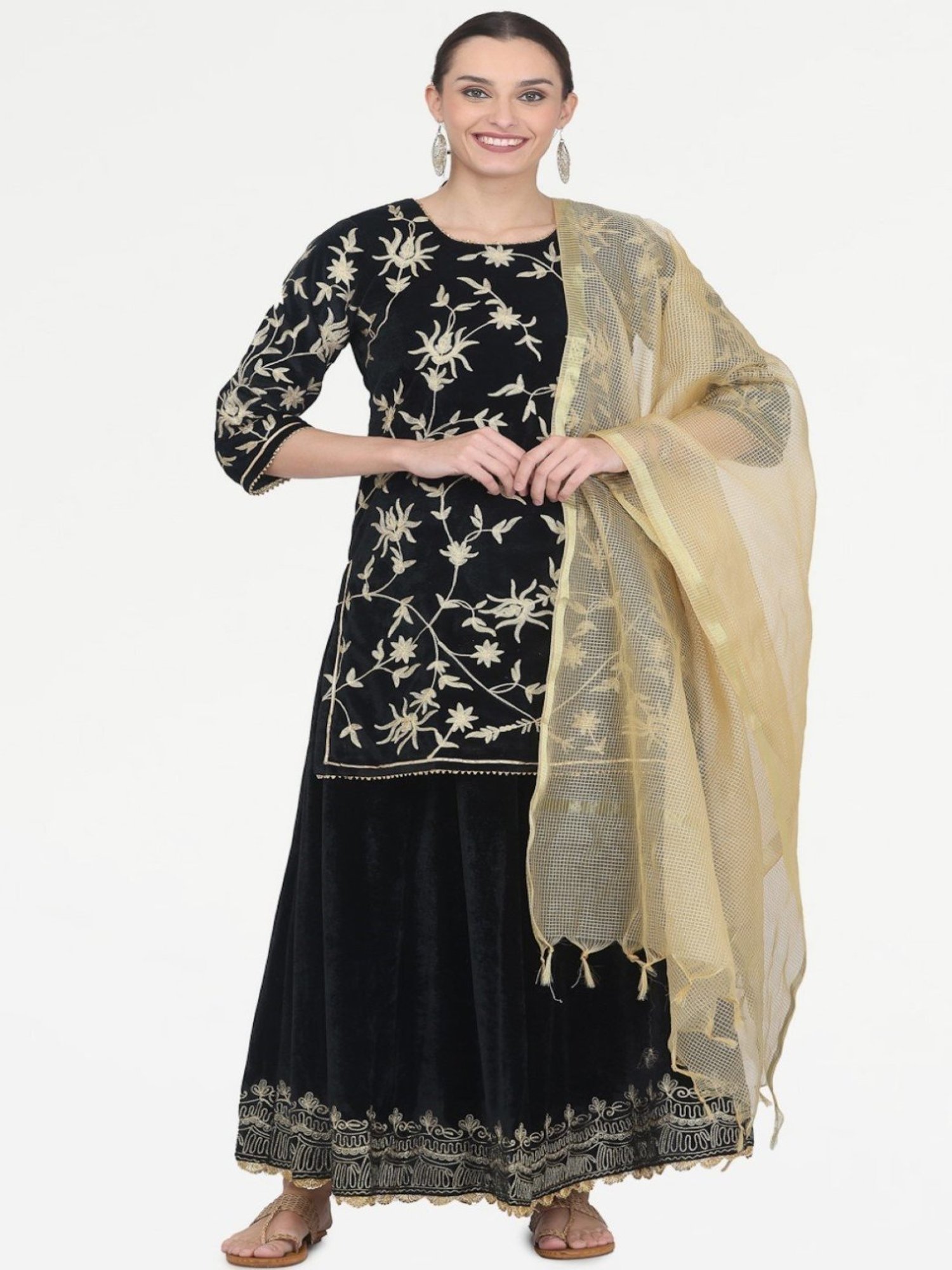 Kaanchie Nanggia Black Embroidered Kurta Skirt with Chanderi Dupatta