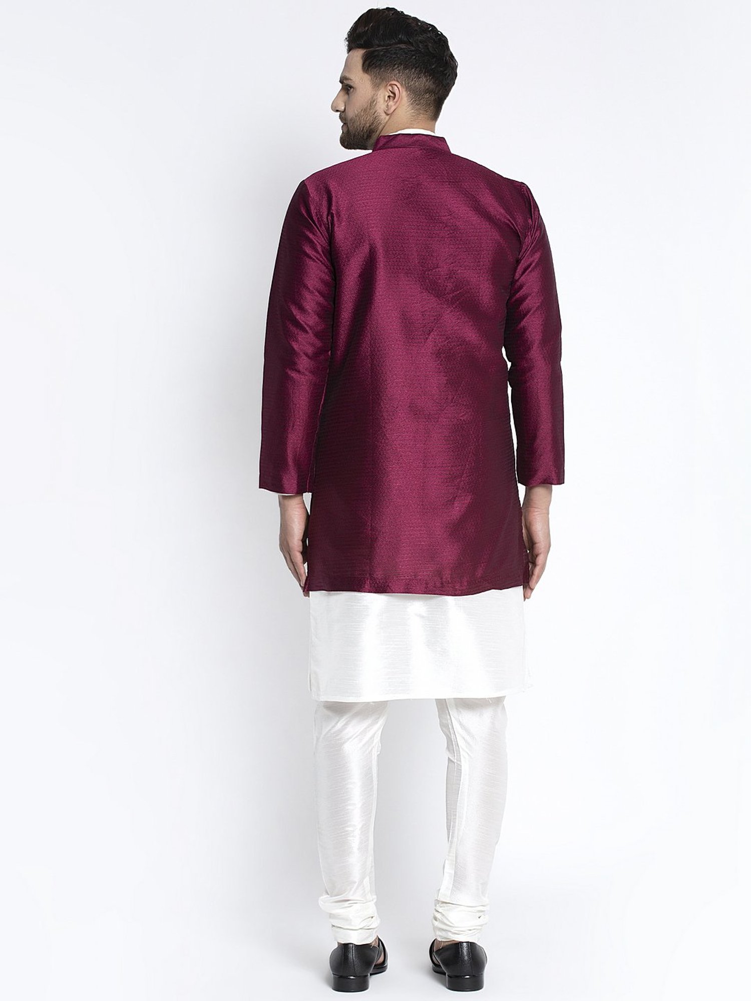 Benstoke White & Wine Regular Fit Self Pattern Kurta Set With Jacket