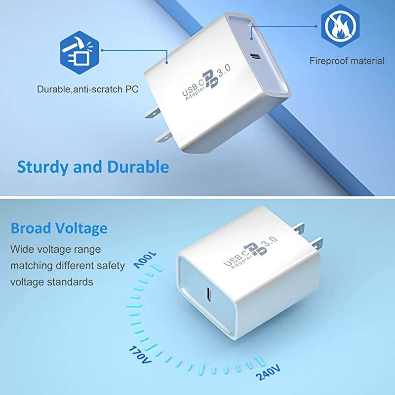 USB C Charger  3Pack 18W PD 30 Wall Charger USB C Power Adapter Type C Fast Charger Compatible for iPhone 1111 Pro MaxXXSXR8PlusGalaxy S10 S9 S8 Plus Note 8 9 10PixeliPad ProWhite
