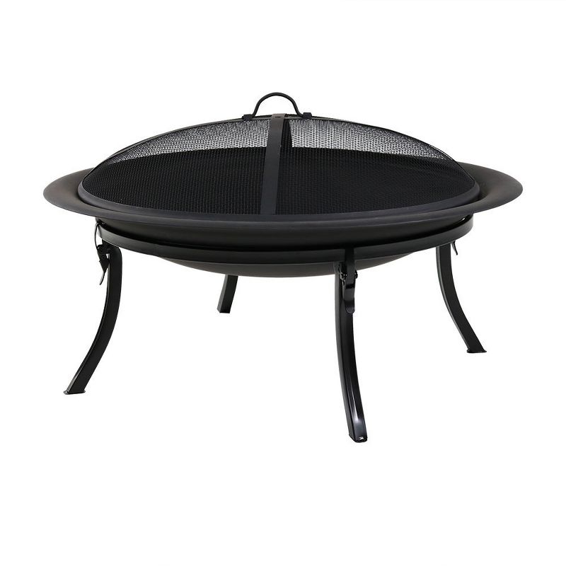 Sunnydaze Outdoor Portable Camping or Backyard Folding Round Fire Pit Bowl with Spark Screen, Log Poker, Folding Stand, and Carrying Case Cover - 29"