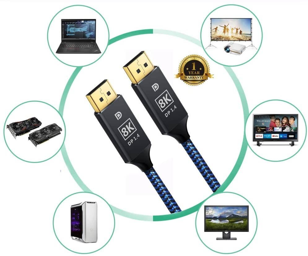 Mini Displayport to Displayport Cable JUSTITUDE 8K DP Cable Nylon Braided High Speed DisplayPort to Mini DisplayPort Cable Supports 8K@60Hz 5K@60HZ 4K Compatible Mini DP Cable(DP-DP Mini/3.3ft Blue)