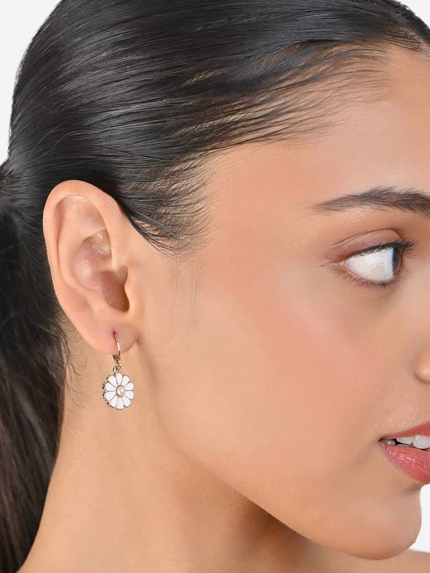 Toniq Gold Floral White Enamel Drop Earrings