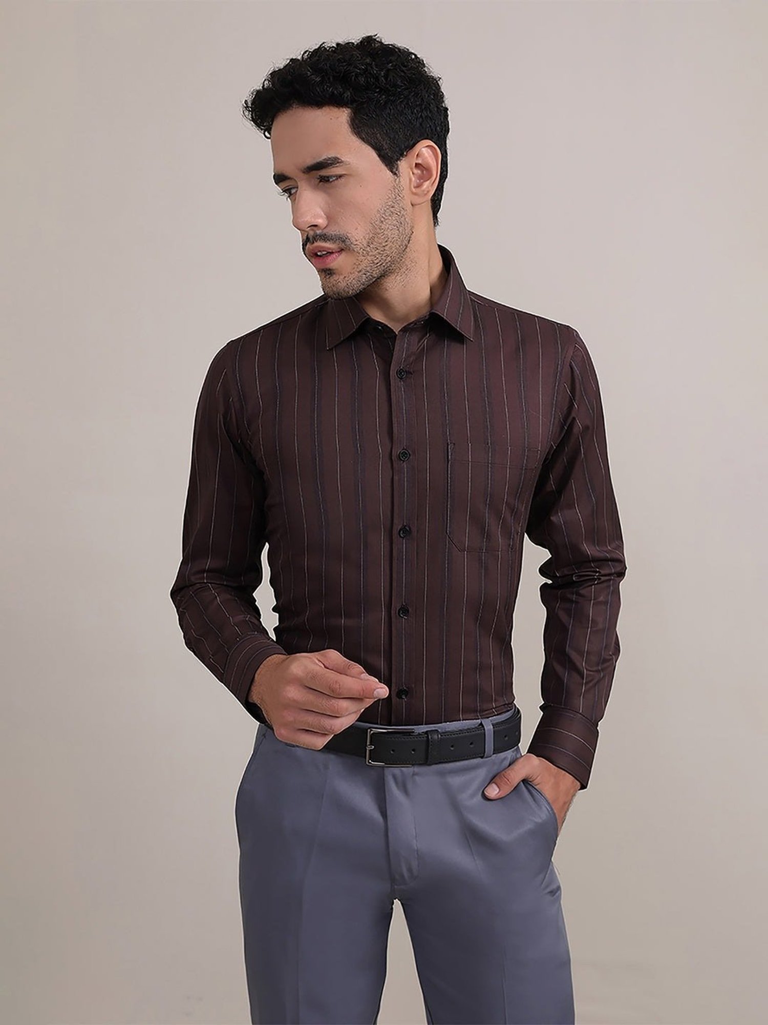 Louis Stitch Brown Cotton Regular Fit Striped Shirt