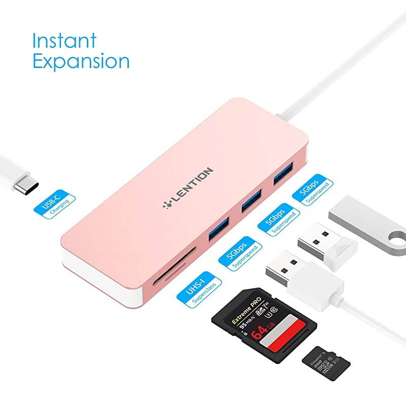USB C Hub with 3 USB 3.0, SD/Micro SD Card Reader and Charging Adapter Compatible 2020-2016 MacBook Pro 13/15/16, New Mac Air/iPad Pro/Surface, Chromebook, More (CB-C16s, Rose Gold)