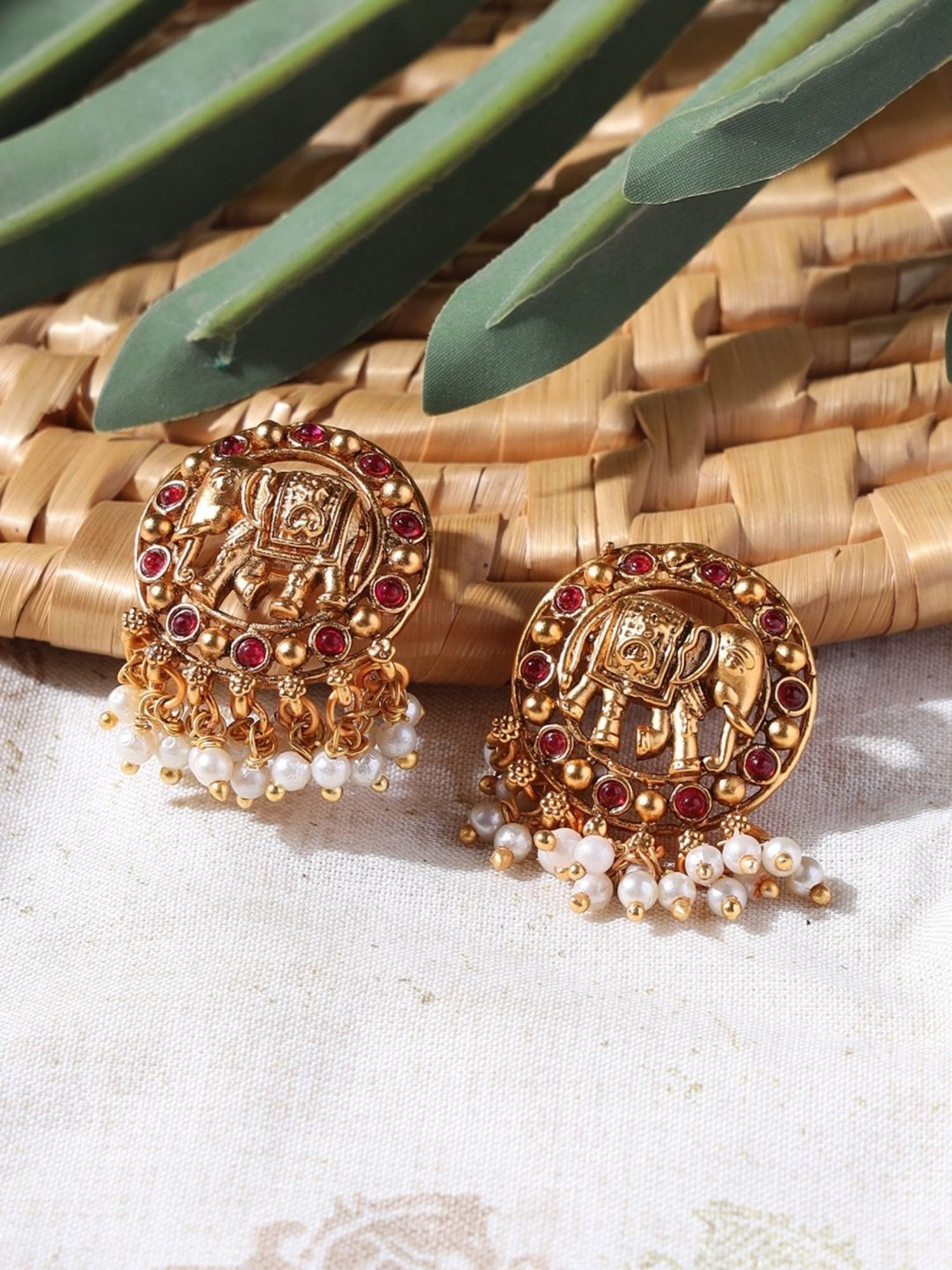 Aatmana Gold-Plated Emerald, Elephant Shaped White & Red Drop Earrings for Women