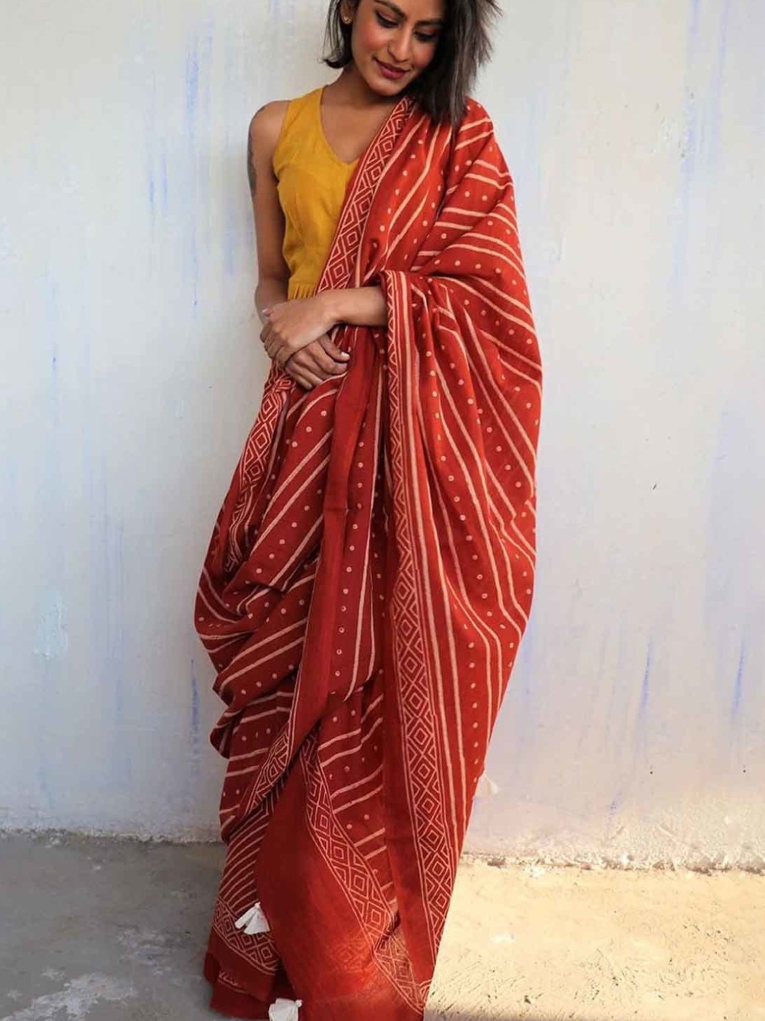 Chidiyaa Rust Block Printed Cotton Mulmul Saree - Butterfly Girls