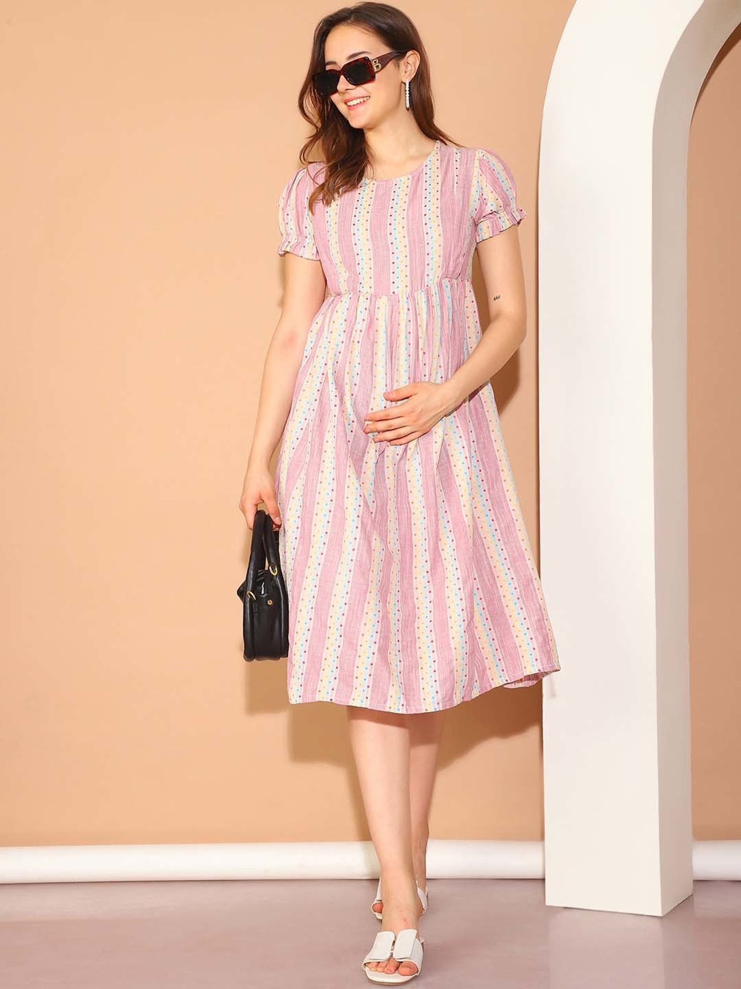Moms Maternity Pink Polka Dot Print Maternity Midi Dress
