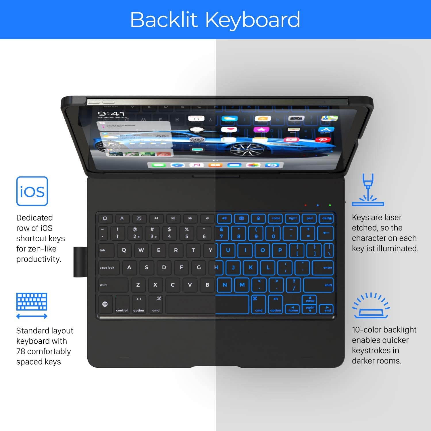 Typecase iPad Pro 11 2018 Keyboard Case - 4 Colors Available - Backlit Wireless 360&deg Rotatable Thin & Light Slim Folio Cover with Auto Sleep/Wake & 10 Color Backlight for 11-inch Apple iPad (Black)