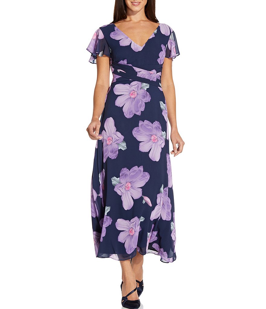 Adrianna Papell Floral Printed Chiffon Tie Waist Midi Dress