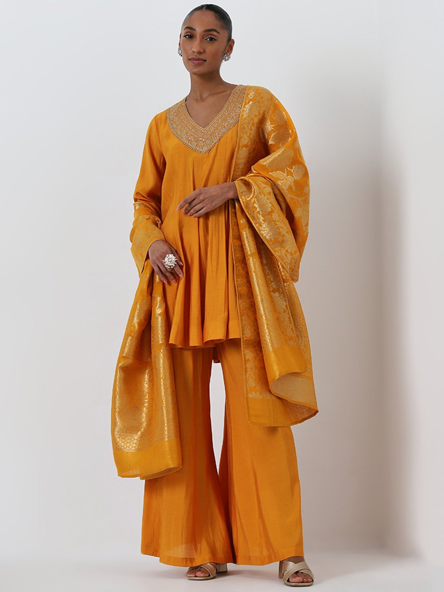 Vark by Westside Mustard Embellished Kurti, Palazzos and Dupatta Set