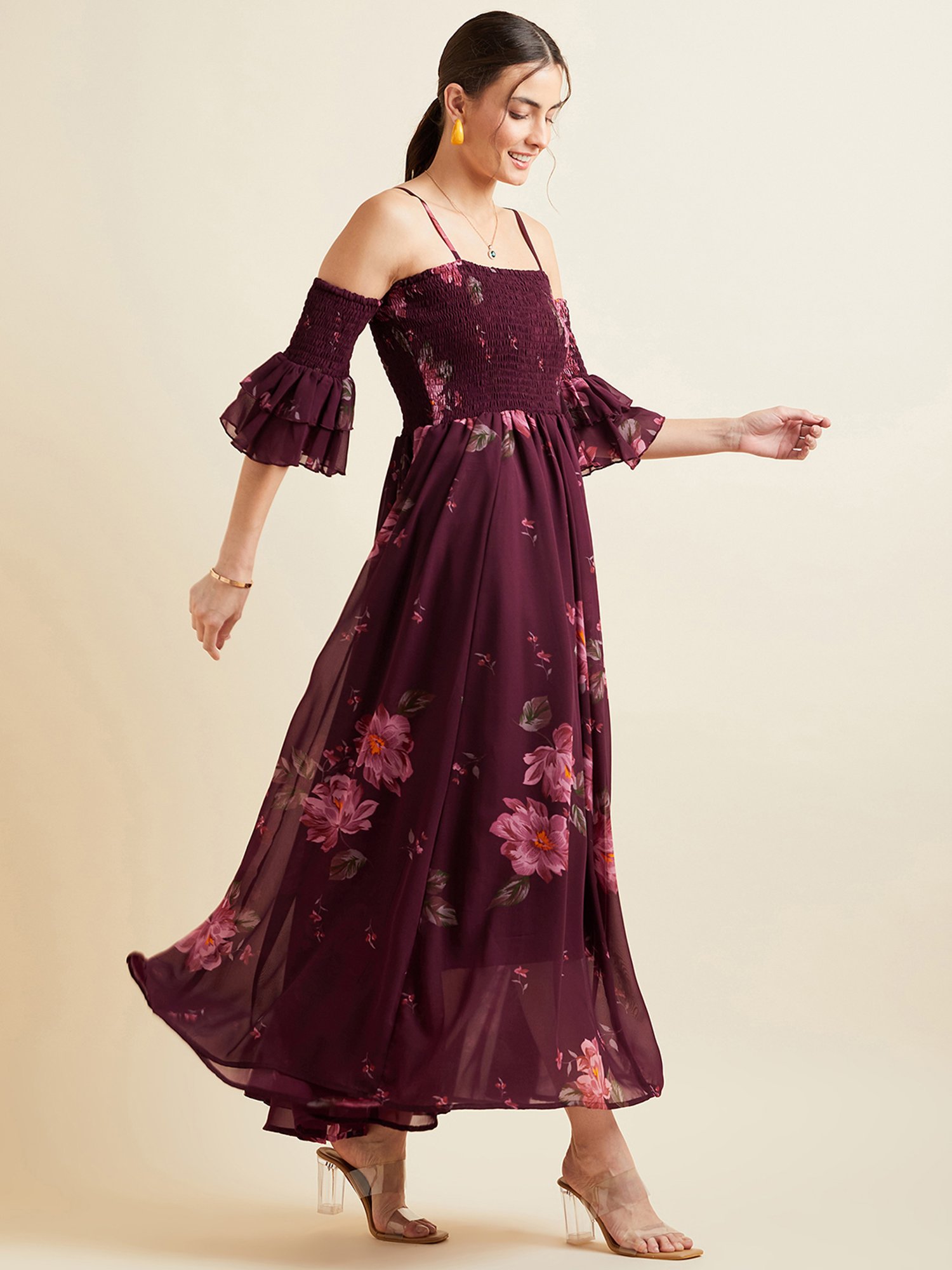 PANIT Maroon Floral Print Ethnic Dress