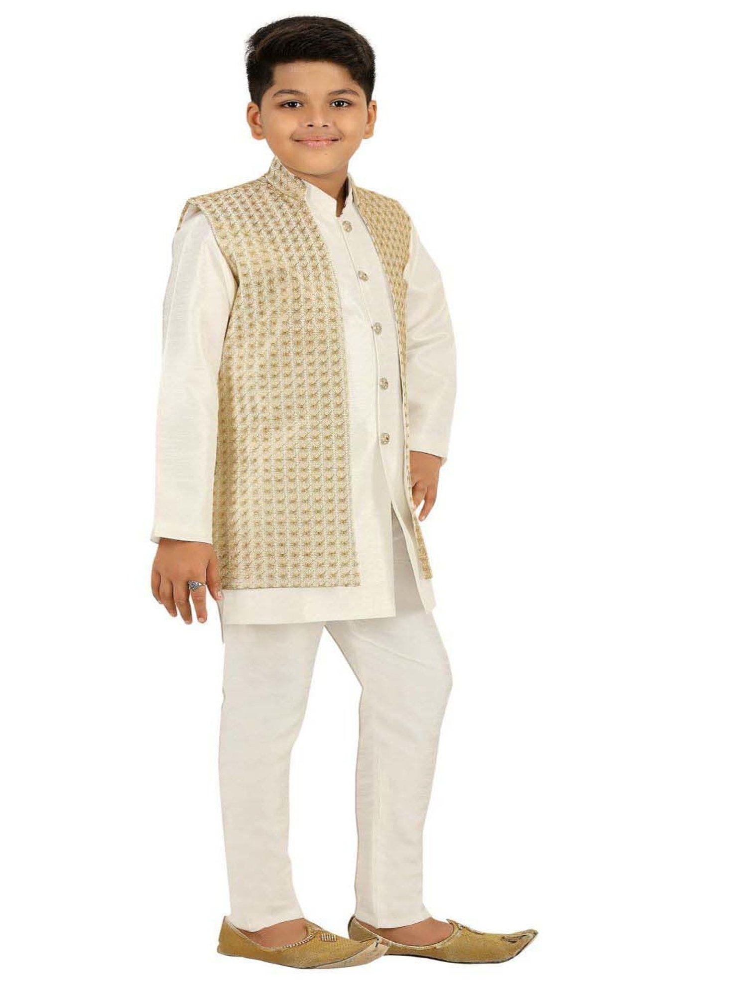 Ahhaaaa Kids Cream & White Embellished Full Sleeves Kurta Set