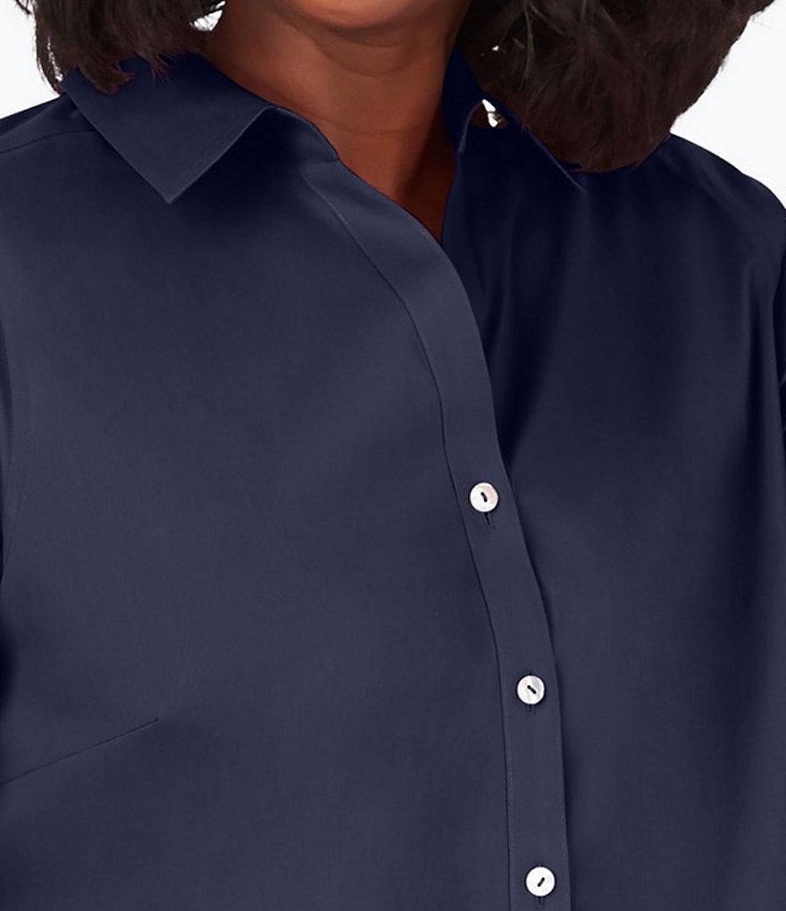Foxcroft Plus Size Mary Point Collar 3/4 Sleeve Solid Stretch Shirt