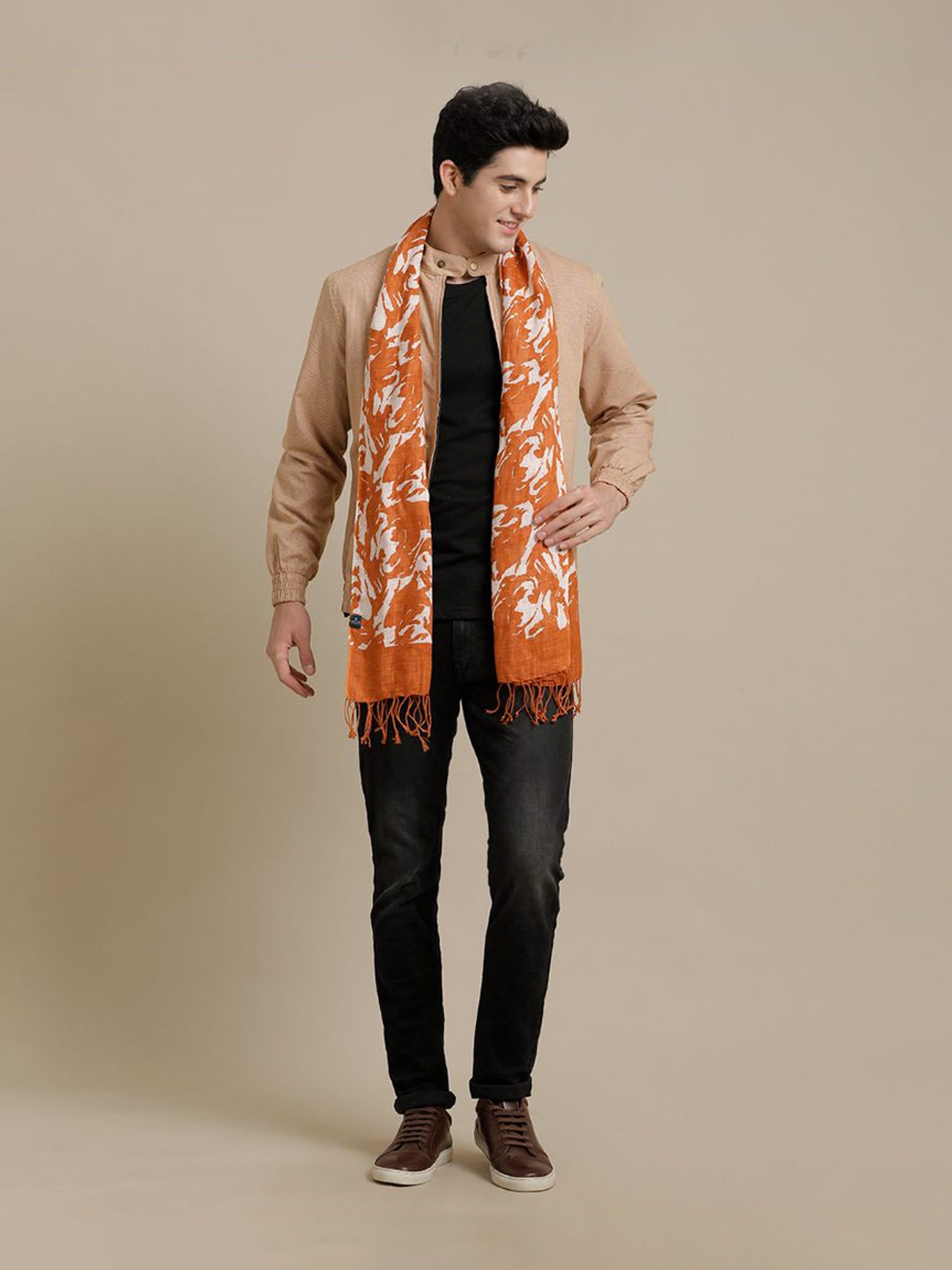 Linen Club Orange Printed Pure Linen Stole