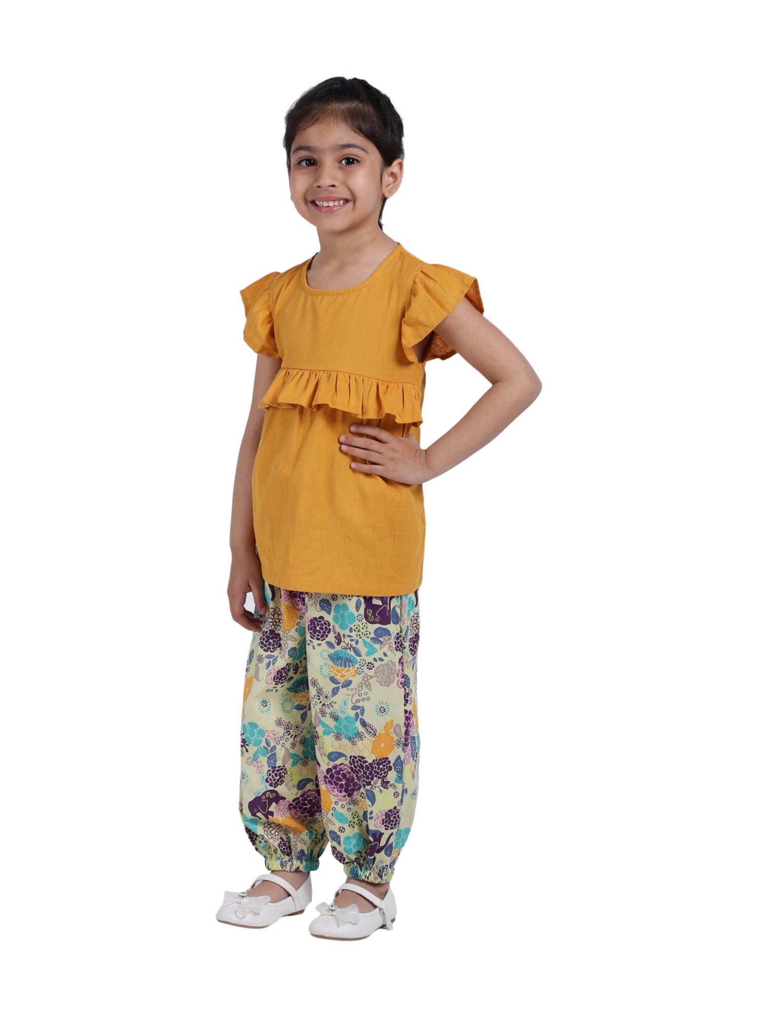 BownBee Kids Orange Cotton Floral Print Kurta & Harem Pants