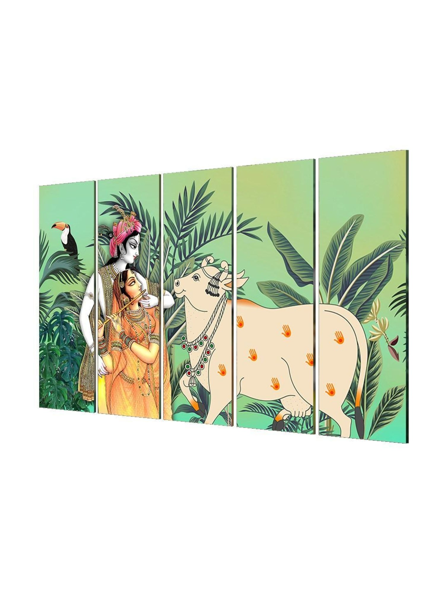 999Store Printed Green MDF 5 Panels Wall Art