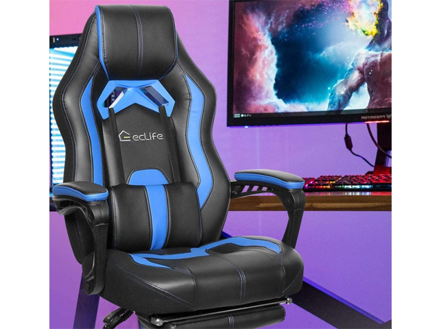 Gaming Chair Office Chair PC Chair with Massage Lumbar Support, Vantage Style PU Leather High Back Adjustable Swivel Task Chair with Footrest,Blue,GC26