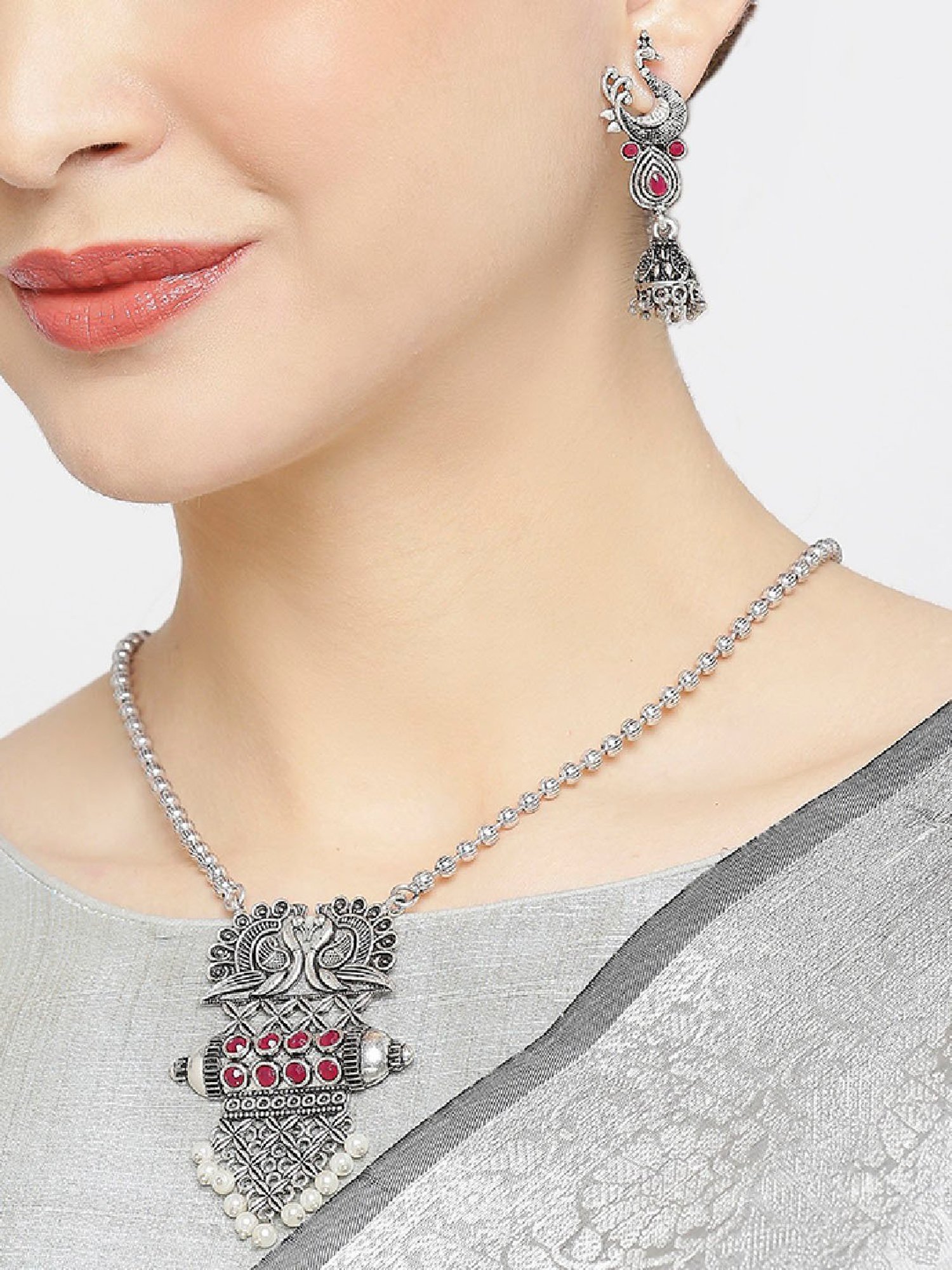 OOMPH Oxidized Silver Look Alike Maroon Stone Peacock Long Necklace Set with Drop Earrings