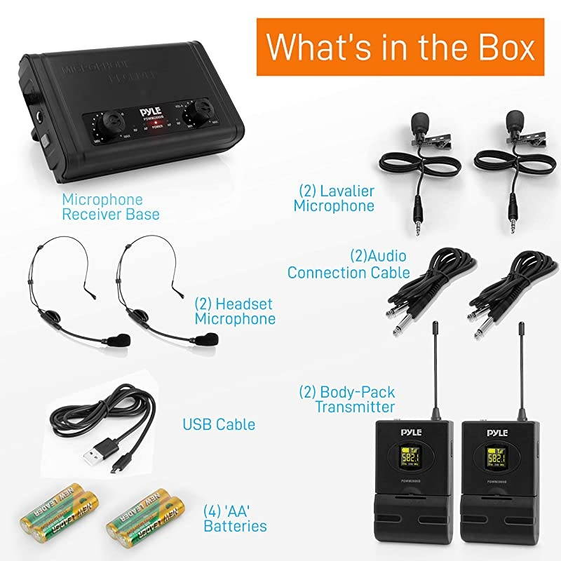 UHF Wireless Microphone System Pro Portable Dual Channel Desktop Digital Mic Receiver Set w 2 BeltPack Transmitter Receiver 2 Headset Lavalier Mics Battery For Home PA Pyle PDWM2880B