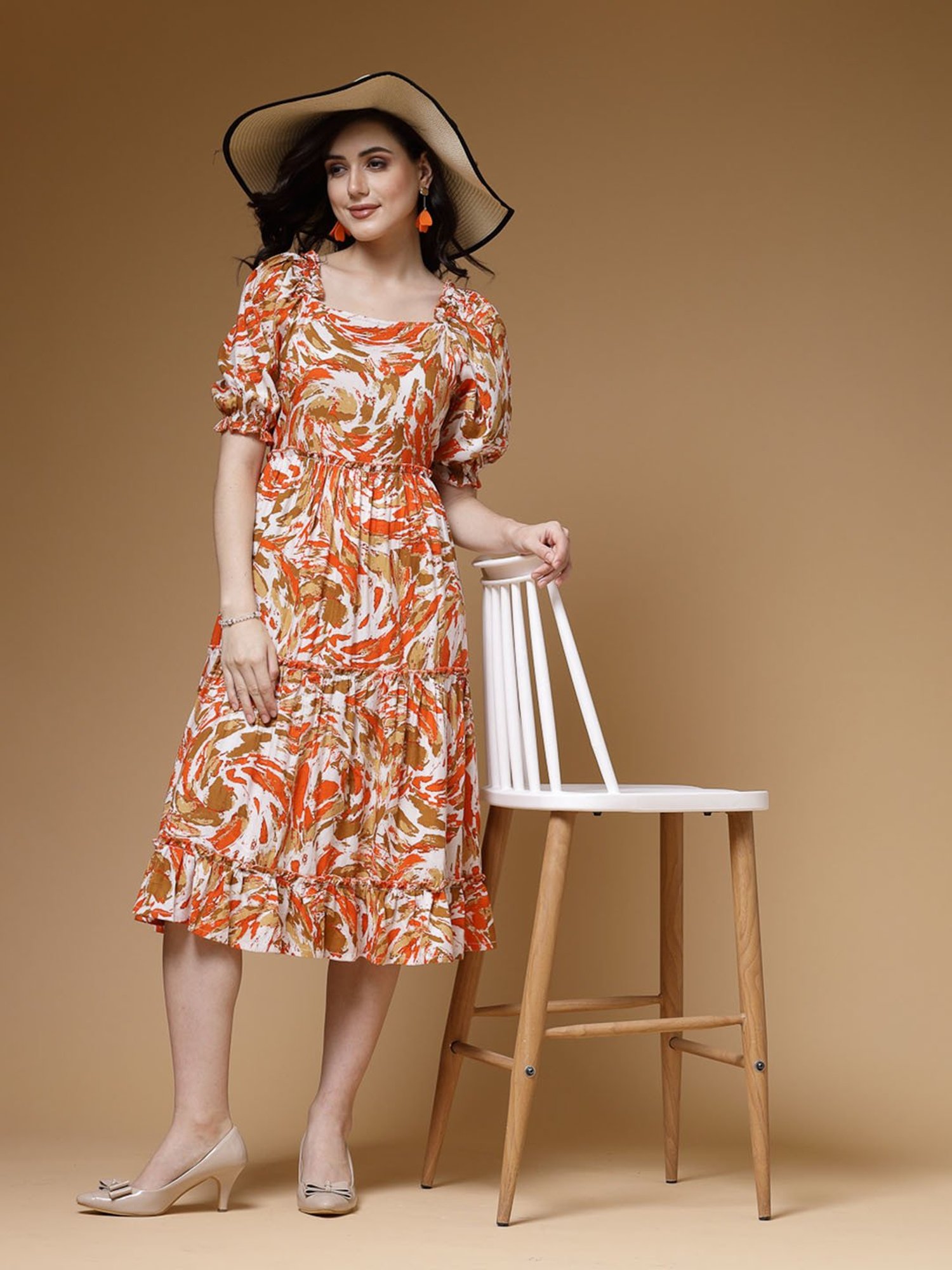 Indibelle Orange Printed Ethnic Dress