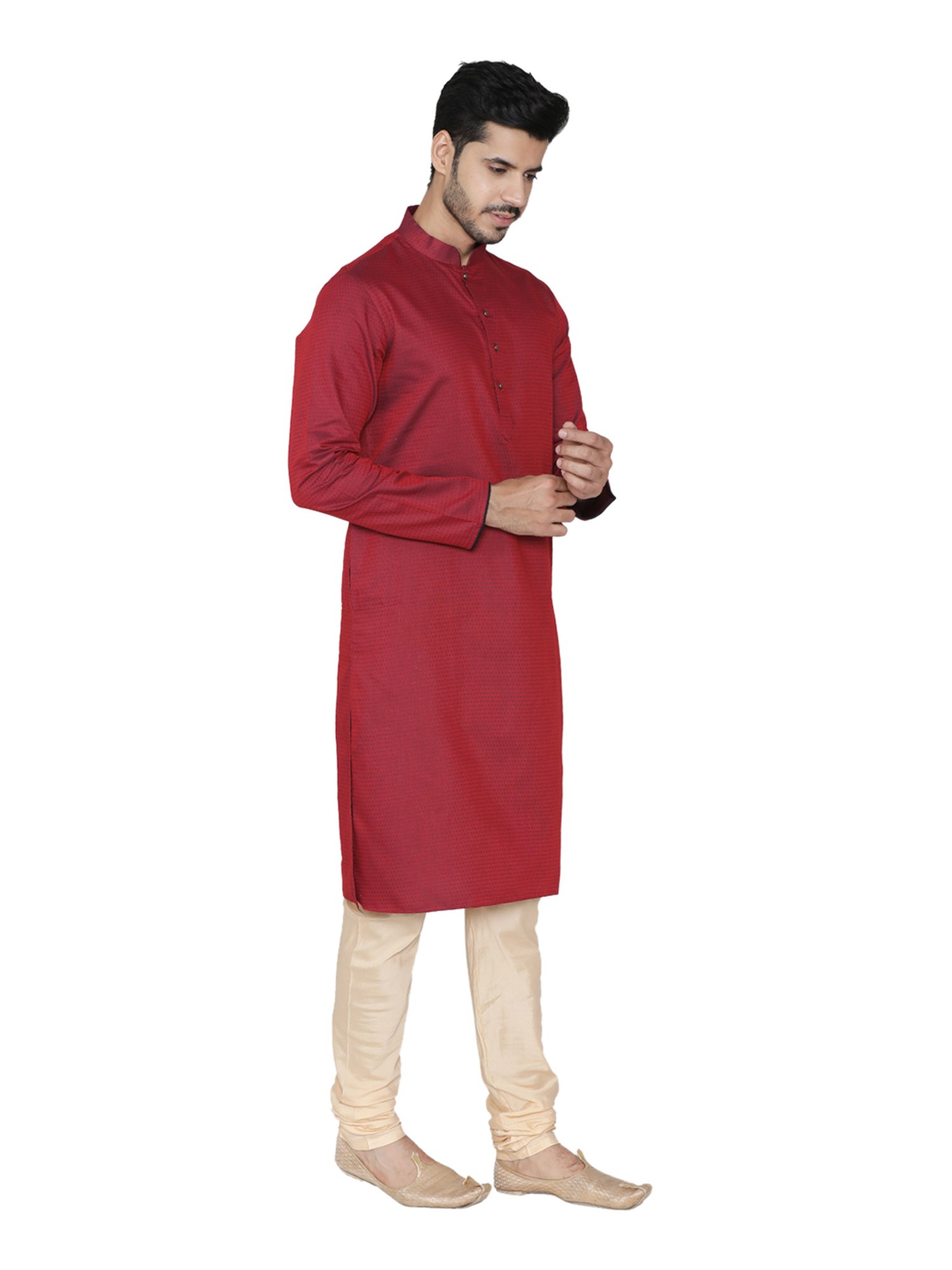 Manyavar Maroon & Cream Self Design Kurta Set