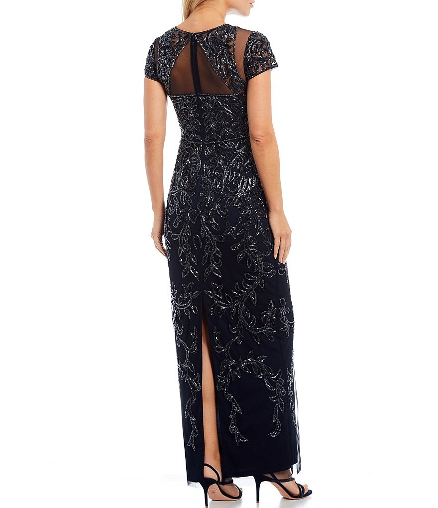 Adrianna Papell Illusion Cut-Out Short Sleeve Round Neck Beaded Gown