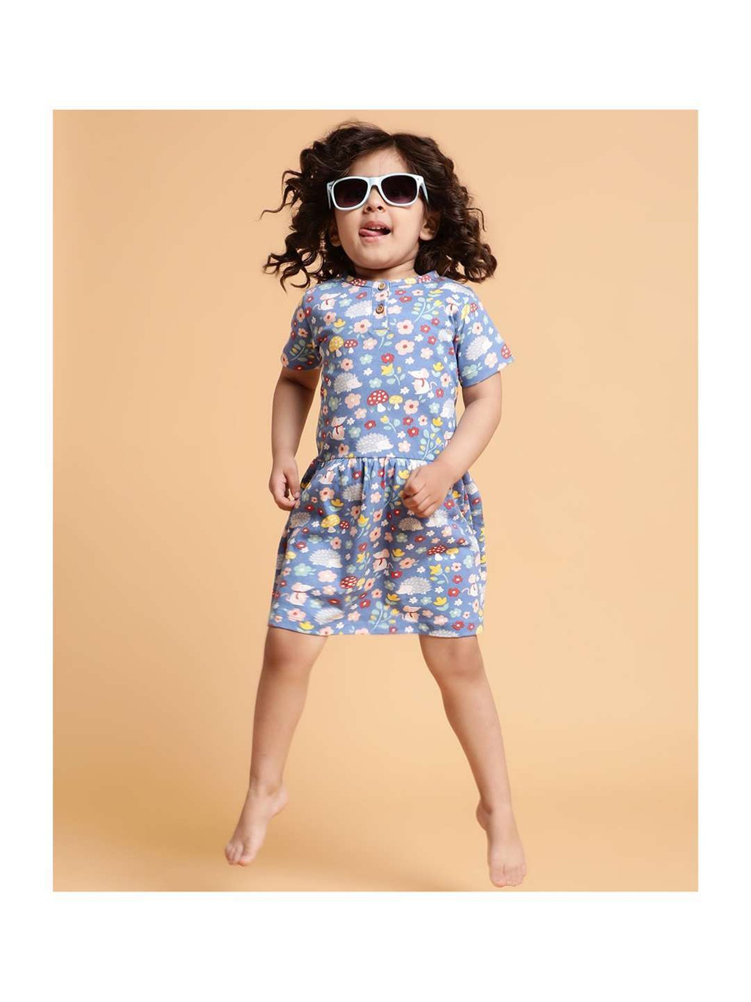 MiArcus Kids Blue Cotton Floral Print Dress with Headband